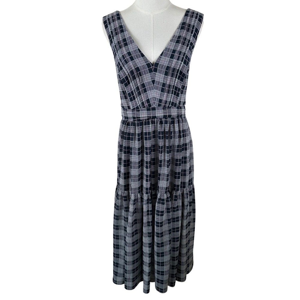 NWOT Club Monaco Dress Womens 8 Navy Plaid Tiered Midi Cross Back Cutout V Neck